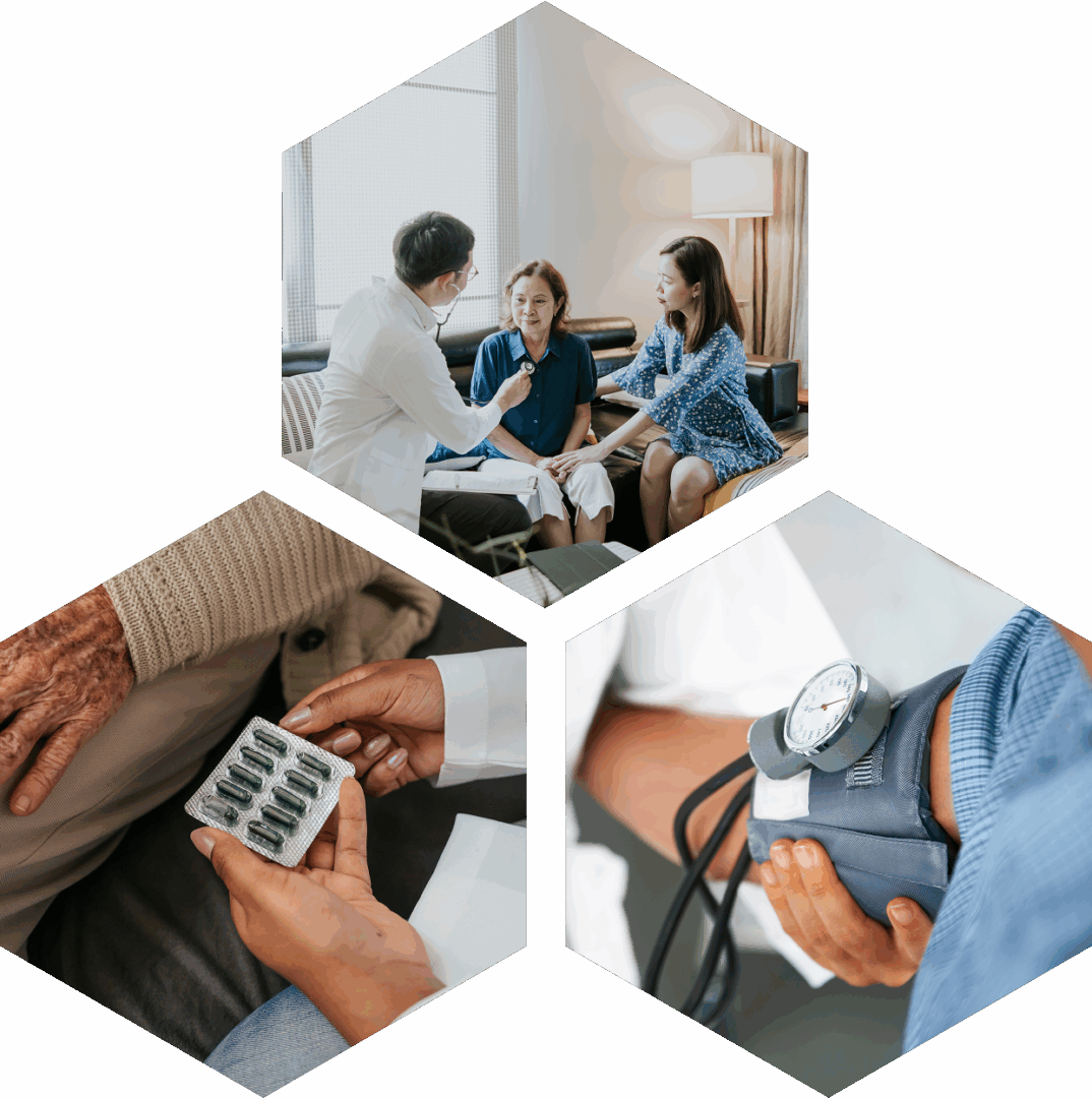 Healthcare consultation and medication, blood pressure check.